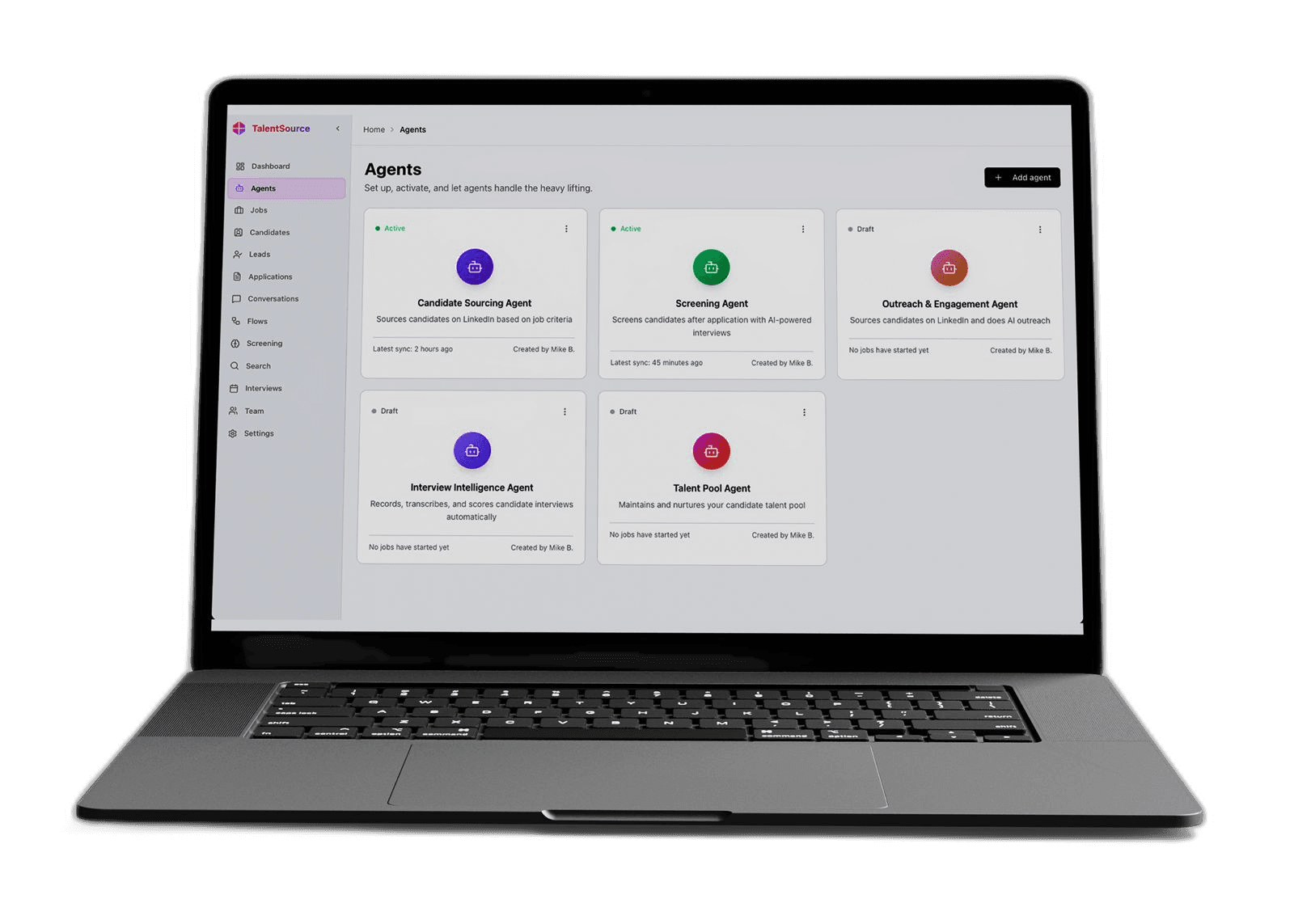 TalentSource dashboard showing AI recruiting agents